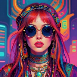 colorful portrait of a female hippie with round sunglasses, set in the future 2 1 5 0 | highly detailed | very intricate | symmetrical | professional model | cinematic lighting | award - winning | painted by mandy jurgens | pan futurism, dystopian, bold psychedelic colors, cyberpunk, groovy vibe, anime aesthestic | featured on artstation