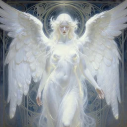 ethereal glowing white angel dmt deity, art nouveau repeating patterns, tim hildebrandt, wayne barlowe, bruce pennington, donato giancola, trending on artstation, cinematic composition, beautiful lighting, hyper detailed, 8 k, oil on canvas