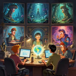 photo cartoon illustration comics manga painting of workshopenvironement : 6 fantasy environement, digital painting, unreal engine, 8 k, volumetric lighting, contrast by john kirby by carl warner and jim woodring, trending on artstation