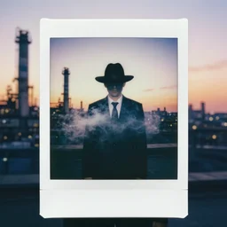 mysterious man in suit and hat wraped in smoke, standing in the middle of a big industrial city metropoli, sunset, polaroid photo