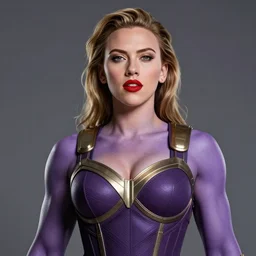 scarlett johansson as thanos, feminine beautiful muscular fitness model wearing armor, purple skin, red lips, strong jaw, pin up, attractive, highly detailed upper body portrait, pretty face, elegant, breathtaking art, concept art, by artgerm and ilya kuvshinov