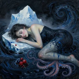 a female art student falling asleep, misty, iceberg, black paint, dark, sensual, dreamy, waves, swirls, blue drips, squashed berries, octopus, neo - impressionist, surrealism