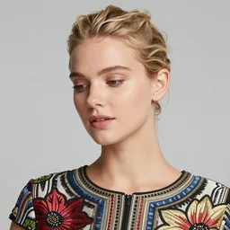 photograph of a blonde female model in her twenties, hair pinned up, wearing a designer top, looking content, focused on her neck, photo realistic, extreme detail skin, natural beauty, no filter, slr, golden hour, 8 k, high definition, selfie