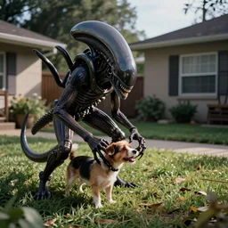 a xenomorph from the movie alien eating a small dog in a suburban backyard. Production photograph from 90s film.