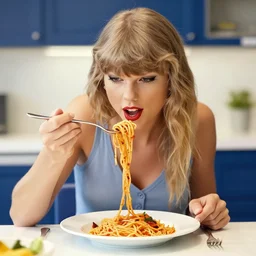 Taylor Swift eating spaghetti in an Ikea