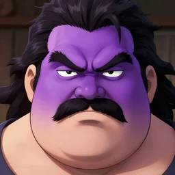 face portrait a big beefy man with a large purple face, thick dark hair, a bushy black moustache, with hardly any neck and mean little eyes, highly detailed, digital art, sharp focus, trending on art station, kentaro miura manga art style