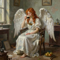 portrait painting of a angel wearing a skirt drinks coffee in a shabby room by peter mohrbacher, irakli nadar, bright colors, octopath traveler, peter mohrbacher, unreal engine 5 highly rendered, global illumination, 9 radiant light, detailed and intricate environment