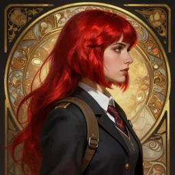 side portrait rugged adventurer female, magic school uniform, dnd fantasy magic, long bob cut hairstyle, iridescent red hair, cinematic rim light, intricate, elegant, sharp focus, illustration, highly detailed, digital painting, concept art, matte, art by wlop and artgerm and greg rutkowski and alphonse mucha, masterpiece