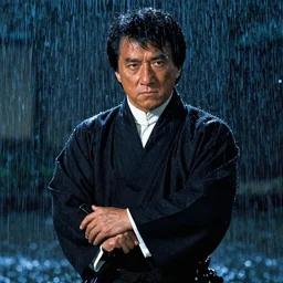 Jackie Chan as samurai , under rain, dramatic, sad ambience, an film still