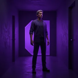 a person standing in a dark hallway with a purple light, a 3D render by George Lucas, featured on polycount, cubo-futurism, volumetric lighting, rendered in unreal engine, cinematic lighting