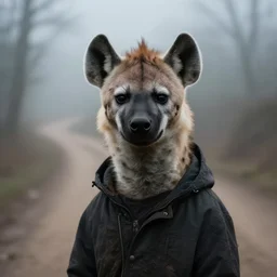 foggy dirt road portrait of furry anthro anthropomorphic spotted hyena head animal person fursona wearing clothes horror gloomy digital art bokeh depth of field photo by Greg Rutkowski, Simon Stalenhag, christopher nolan trending on Artstation, CGSociety