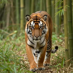a photo of a bengal tiger walking through bamboo towards the camera, looking at the camera, 200mm, canon, f5.6