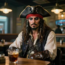 a high quality portrait of a pirate in a cyberpunk cafe realism 8k