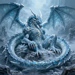ice dragon, ruler, destroyer, immortal, sleeping, powerful, realistic
