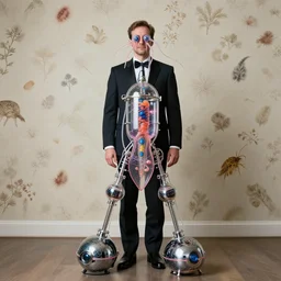a formal portrait photograph of an exploding salesman attached to a perspex neural squid gestation machine. tubes sprawling into his eyes. his legs are replaced by fractal hovercraft and he is decorated with flock wallpaper