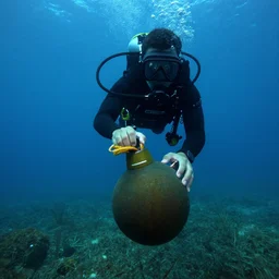 Underwater go pro photo of someone finding a bomb underwater, detailed photo
