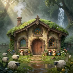a medieval hobbit home, ornate, beautiful, atmosphere, vibe, mist, smoke, chimney, rain, wet, puddles, waterfall, forest, flowers, sheep, concept art illustration, color page, 4 k, tone mapping, doll, akihiko yoshida, james jean, andrei riabovitchev, marc simonetti, yoshitaka amano, digital illustration, greg rutowski, volumetric lighting, sunbeams, particles