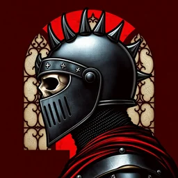 side - view portrait of a knight, helmet with spikes on top, visor in the style of a human cranium skull, gothic stained glass window, red background, very masterful