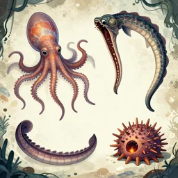 sea creature character design sheets including a vampire squid, gulper eel, and sea urchin for night in the woods the video game