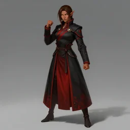 beautiful female half elf monk, young, full body black and red longcoat, fisting, brown hair, short ponytail, golden eyes, brown skin, high fantasy, digital illustration, by michael komarck