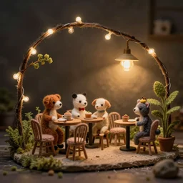 mini cafe diorama macro photography, needle felted animals, ambient, atmospheric photograph, string lights, romantic