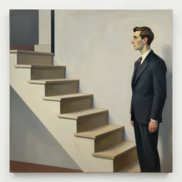 “ painting by magritte and jeffrey smart and de chirico, featuring stairs, and man in hat ”