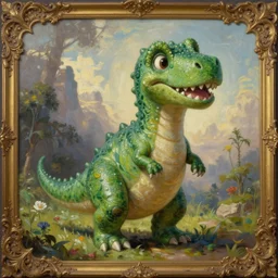 a green anthropomorphic dinosaur, art by james jean, adorable and whimsical, oil on canvas, ornate detail