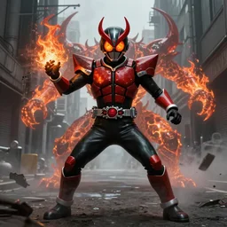 character portrait of a demonic monster kamen rider with a demon helmet and fire eyes doing a henshin pose standing in a misty city street, wielding fire, monster made out of fire in the background, matte painting, dramatic lighting, 8 k, rubber suit, digital painting, concept art, muted colors, red colors, moody colors, broken pipes, in the style of frank frazetta