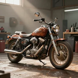 Photograph of a rusty 1950's Harley Davidson in a repair shop, soft lighting, crepuscular rays, realistic octane render, 8k, ultra detailed, concept art