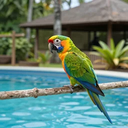 a beautiful day at a Hawaiian parrot farm, swimming pool,colorised,photograph