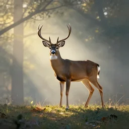 alert buck white tail deer with large antlers standing on top of a hill with light shining through the trees in the early morning, global illumination, volumetric shadows, volumetric lighting digital painting, trending on artem, trending on deviantart,