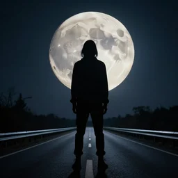 silhouette human figure on a full moon night on a highway, morbid, highly detailed
