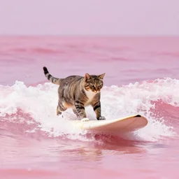 cat riding a surfboard on a pink color ocean