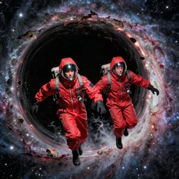 two scientists wearing red rick owens hazmat suits escaping the black hole at the edge of the galaxy by frank frazetta