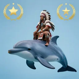 native american warrior in war clothes riding a giant dolphin, photography, award winning, 8 k, ultra - wide shot, blue, diffuse lighting, magical creature