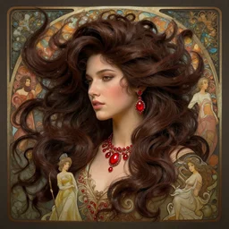 song of the hurricane, detailed beauty portrait, chocolate, opulent swirling hair, crimson jewellery, organic background, art by wlop, peter morebacher, greg rutkowski, craig mullins, ruan jia, thomas kinkade, victor ngai, ernst haeckel, james jean, takato yamamoto, tomokazu matsuyama, alphonse mucha, unreal engine, blender,