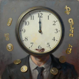 blinded by greed!!! realist critical society painting, representation and personification of material greed, deadline the clock is ticking, digital world meets pure greed, sociopathic token power, generational human, avarice, entity, trending, amazing masterpiece