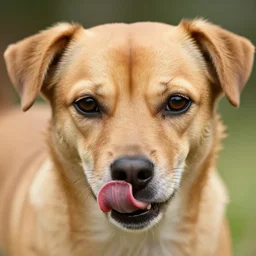 closeup portrait of a small light brown dog licking its nose, natural light, sharp, detailed face, magazine, press, photo, Steve McCurry, David Lazar, Canon, Nikon, focus