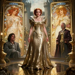 highly detailed vfx of emma watson as lady queen castle, stephen bliss, unreal engine, chrome reflect, tom bagshaw, alphonse mucha, global illumination, detailed and intricate environment
