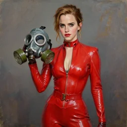 oil painting of emma watson in slick red latex outfit, holding a gas mask. safe for work!