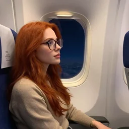 elegant redhead woman with big round glasses in first class flight at night, looking out the plane window, night sky, comfy, 4 k, detailed