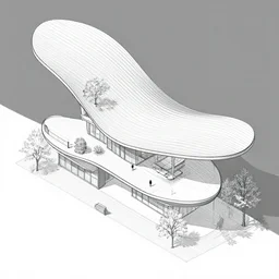 sculptural curved roof planes lift and descend creating shade and architectural expression, 3 d exploded axonometric drawing