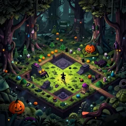 evil forest halloween themed isometric game level, stylized, toon shader, arnold maya render