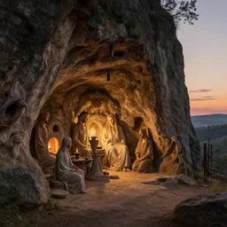 Cave house, lit by the light of gods, sunrise, hyper detailed, artstation, cgsociety by greg rutkowski and by Gustave Dore