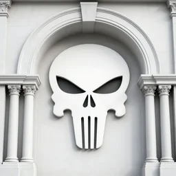 punisher symbol is giant arching entrance and pillars in the form of the punisher icon into ancient egyptian temple with luminous smoke and light rays.