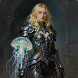 ultra realistic portrait painting of elle fanning in dark souls, wearing bioluminescent jellyfish armor, art by frank frazetta, 4 k, ultra realistic, highly detailed, epic lighting