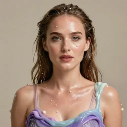 nathalie portman wearing a risque outfit made from nickelodeon slime, half body portrait, greg kutkowski, sharp details, soft lighting, subsurface scattering, pearls of sweat, glistening skin, warm lighting