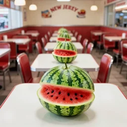 1 9 9 2 watermelon new jersey diner, tables repeat endlessly into the horizon, fruitcore, one point perspective, americana, restaurant interior photography, 5 5 mm
