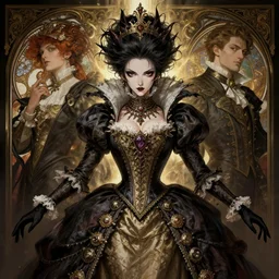 symmetry!!!!!! darkest dungeon sinister anime victorian queen close portrait, wearing ornate clothing, highly detailed, dynamic lighting, digital art, digital painting, artstation, wlop, sharp focus, illustration, art by artgerm and greg rutkowski and alphonse mucha, 8 k
