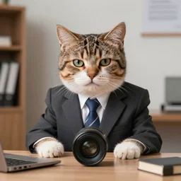 Suit Cat in a Suit with smug face and in a Business Suit with his paws on the table is discussing about politics, 40nm lens, shallow depth of field, split lighting, 4k,